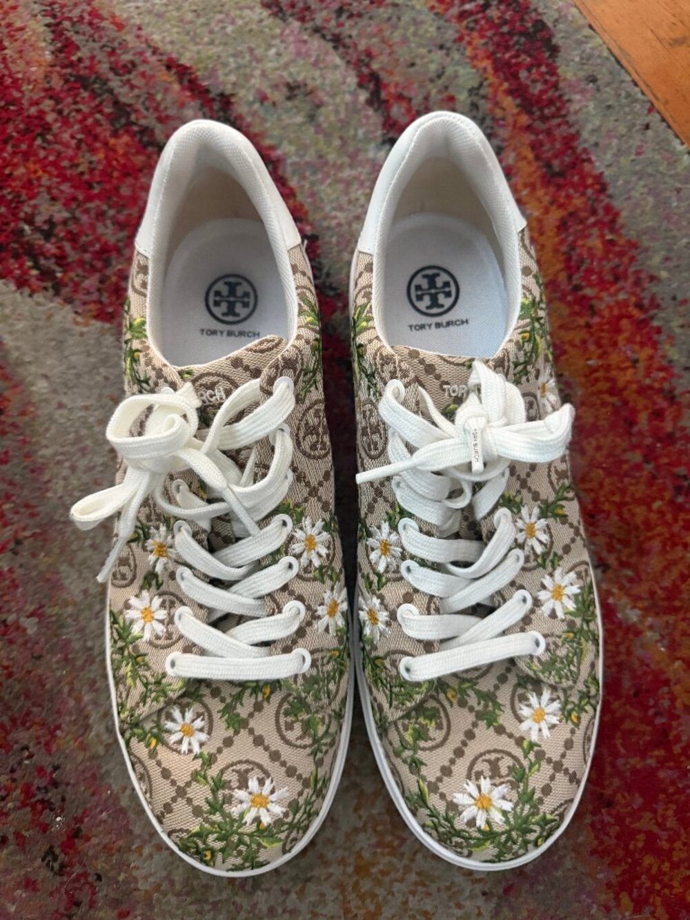 Tory Burch Tan Logo Floral Lace-Up Sneakers Howell Jacquard Print 10.5